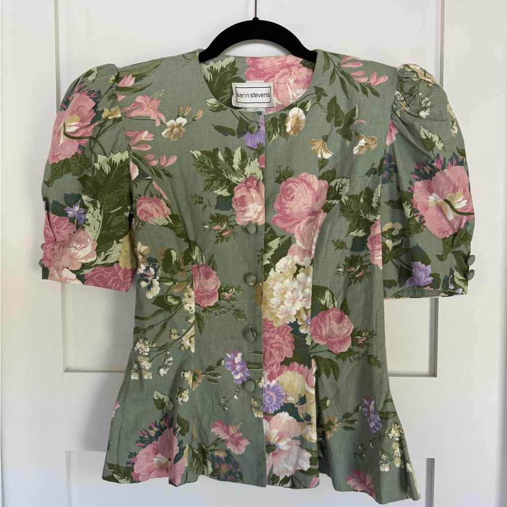 Vintage Karin Stevens Floral Puff Sleeve Sage/Rose Blouse and Skirt SET